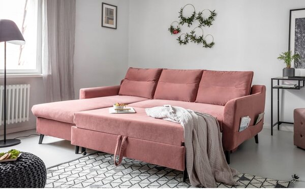 Różowy aksamitny narożnik rozkładany Miuform Stylish Stan, lewostronny