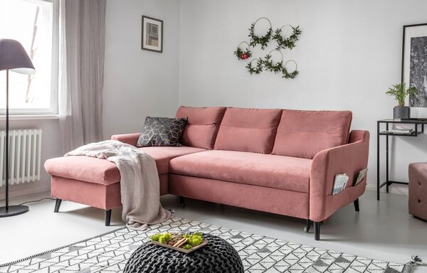 Różowy aksamitny narożnik rozkładany Miuform Stylish Stan, lewostronny