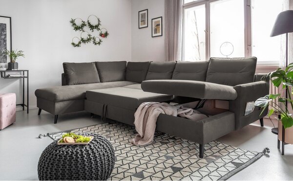 Ciemnoszara aksamitna rozkładana sofa w kształcie litery "U" Miuform Stylish Stan, lewostronna
