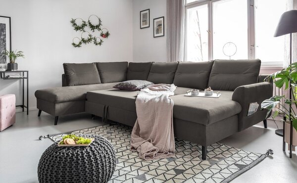 Ciemnoszara aksamitna rozkładana sofa w kształcie litery "U" Miuform Stylish Stan, lewostronna