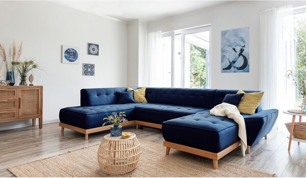 Granatowa rozkładana sofa w kształcie litery "U" Miuform Dazzling Daisy, lewostronna