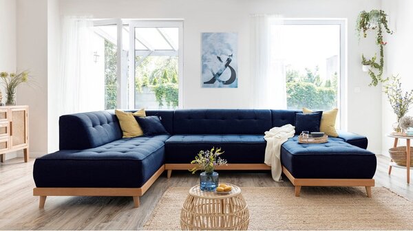 Granatowa rozkładana sofa w kształcie litery "U" Miuform Dazzling Daisy, lewostronna