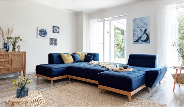 Granatowa rozkładana sofa w kształcie litery "U" Miuform Dazzling Daisy, lewostronna