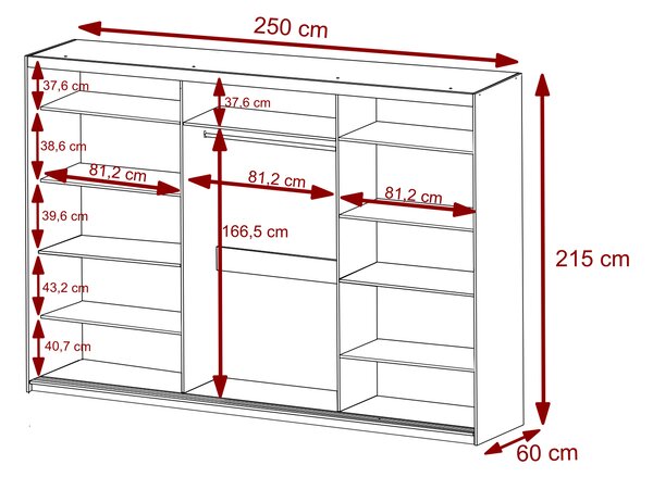 Szafa przesuwna z lustrem 250 cm BREGI biały mat