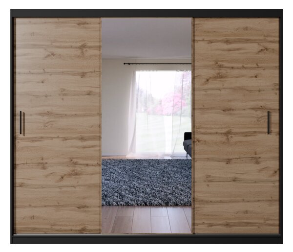 Szafa przesuwna z lustrem 250 cm BREGI czarny/dąb wotan