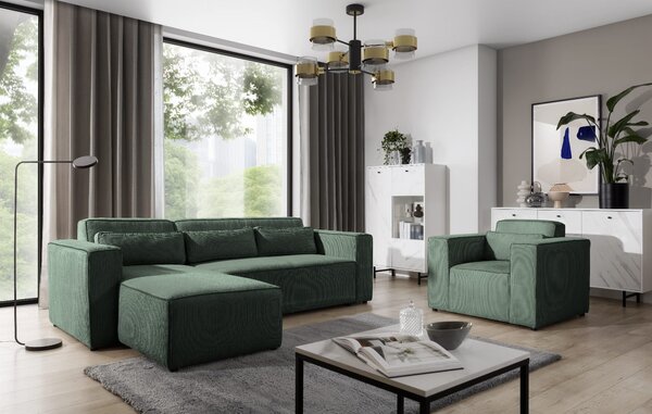 Narożnik CASTEL sztruks zielony z lamówką