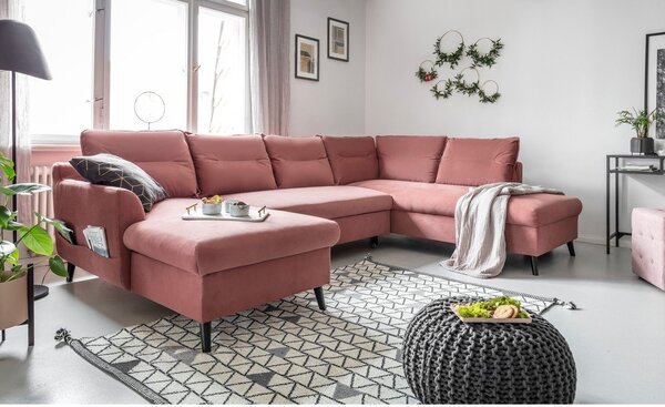Różowa aksamitna rozkładana sofa w kształcie litery "U" Miuform Stylish Stan, prawostronna