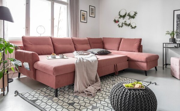 Różowa aksamitna rozkładana sofa w kształcie litery "U" Miuform Stylish Stan, prawostronna
