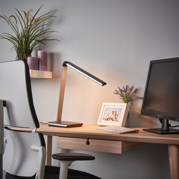 Lampa biurkowa LED Kuno Lindby, możliwość ściemniania, aluminiowy / szary / cynkowy, biuro, tworzywo sztuczne, nowoczesny