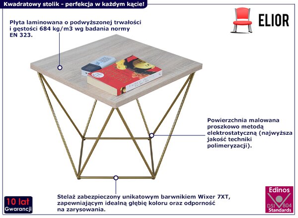Minimalistyczny stolik druciany dąb sonoma + złoty R8-E44