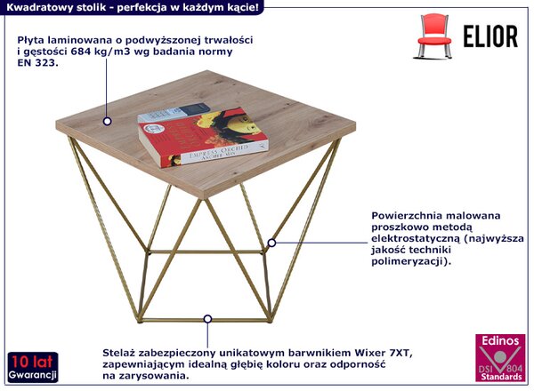 Kwadratowy stolik kawowy dąb artisan + złoty N1-H82