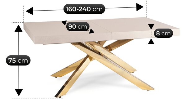 Stół Prostokątny Rozkładany HAMPTON 160-240 cm Kaszmir/Złoty do Jadalni Glamour