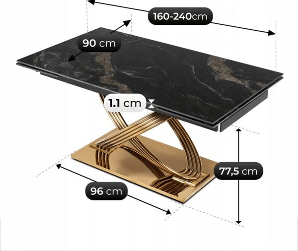 Stół Rozkładany Prostokątny IBIZA 160-240 cm Ceramiczny Czarny Marmur/Złoty do Jadalni Nowoczesny Glamour