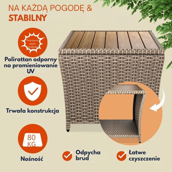Polirattanowy stolik pomocniczy ROCCO z drewna akacjowego, 40x45x45cm, kremowy Casaria