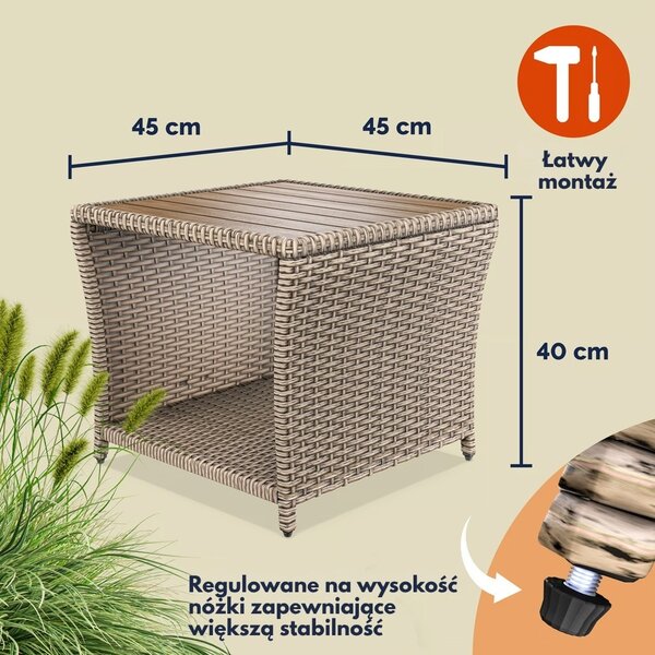 Polirattanowy stolik pomocniczy ROCCO z drewna akacjowego, 40x45x45cm, kremowy Casaria
