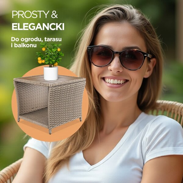 Polirattanowy stolik pomocniczy ROCCO z drewna akacjowego, 40x45x45cm, kremowy Casaria