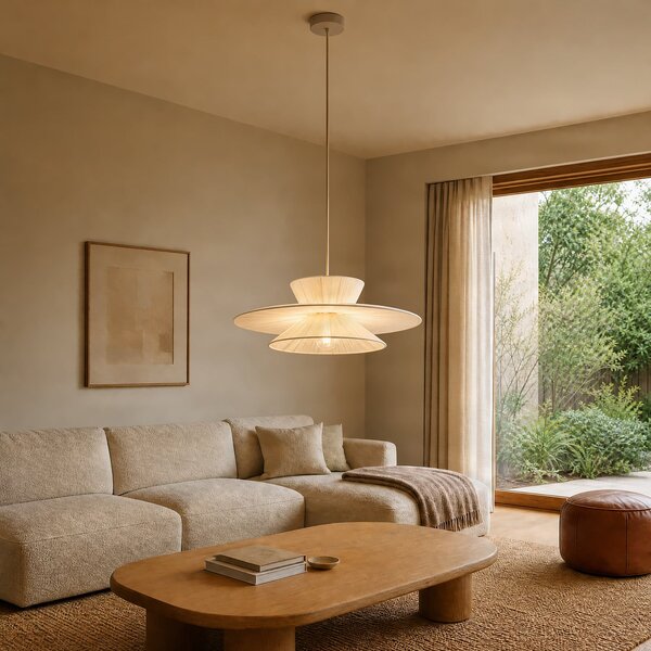 Lampa Wisząca Lucande, Novie, ściemnialny, beżowy, salon, tkanina | tekstylia, skandynawski
