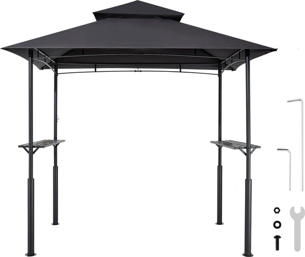 SucceBuy altana grillowa, 2430 x 1500 x 2500 mm, zadaszenie do grilla na zewntrz, 2-poziomowa osona altany grillowej, altana ogrodowa z podwójnym dachem, odpowiednia na patio, podwórko i do ogrodu, czarna