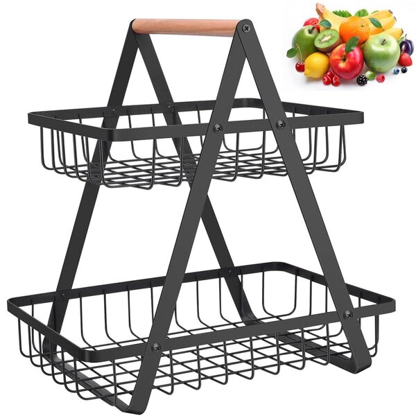 Koszyk na owoce Piętrowy stojak na owoce - 2 poziomy - 27 x 17 x 33 cm - Czarny - Metalowy, wodoodporny i odporny na rdzę - Do kuchni i biura