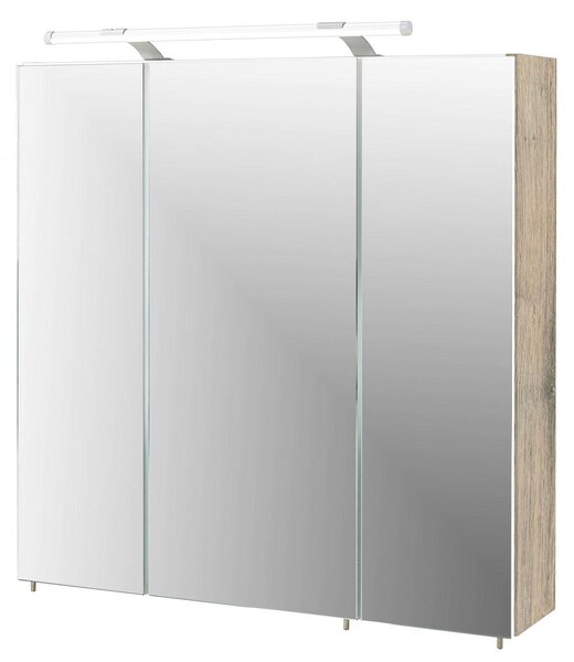 Szafka łazienkowa z lustrem - Dąb wild - 70 x 75 x 16 cm - Z oświetleniem LED - Trzy drzwi