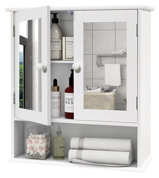 Szafka łazienkowa wisząca z lustrem - 2 drzwi - Biały - 56 x 58 x 13 cm - Regulowane półki MDF