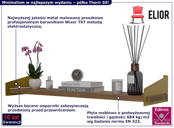 Wisząca półka z metalowymi wspornikami złoty + dąb lancelot R3-S88