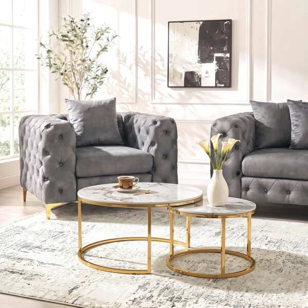 Zestaw Stolików Kawowych MILANO 60 cm/80 cm Biały Marmur/Złoty Glamour