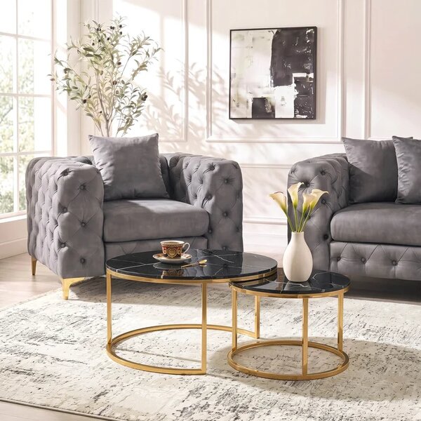 Zestaw Stolików Kawowych MILANO 60 cm/80 cm Czarny Marmur/Złoty Glamour