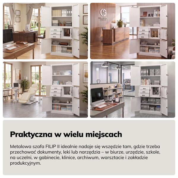 Biurowa szafa metalowa z sejfem biała, 900x1850x400 mm: FILIP II