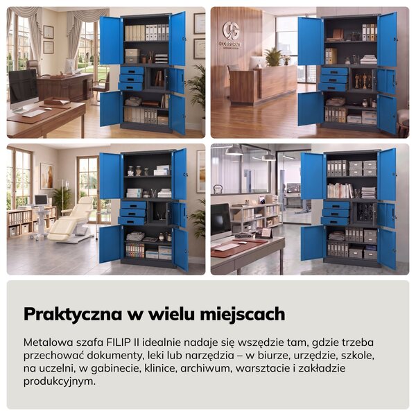 Biurowa szafa metalowa z sejfem antracytowo-niebieska, 900x1850x400 mm: FILIP II
