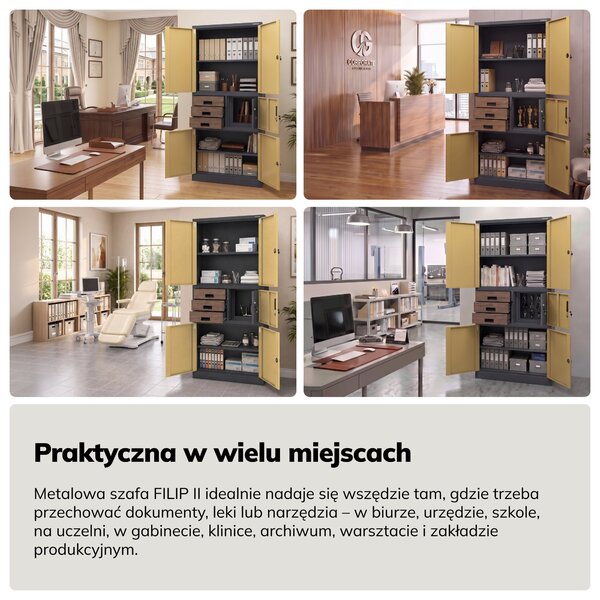 Biurowa szafa metalowa z sejfem antracytowa, orzech, 900x1850x400 mm: FILIP II Eco Design