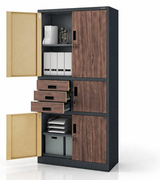 Biurowa szafa metalowa z sejfem antracytowa, orzech, 900x1850x400 mm: FILIP II Eco Design
