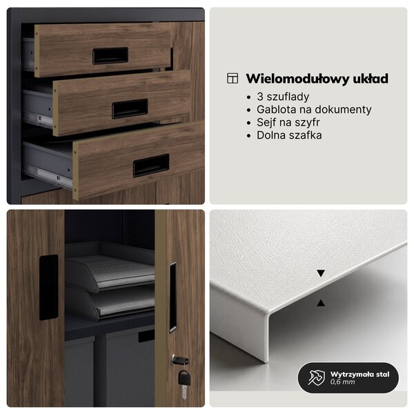 Biurowa szafa metalowa z sejfem antracytowa, orzech, 900x1850x400 mm: FILIP II Eco Design