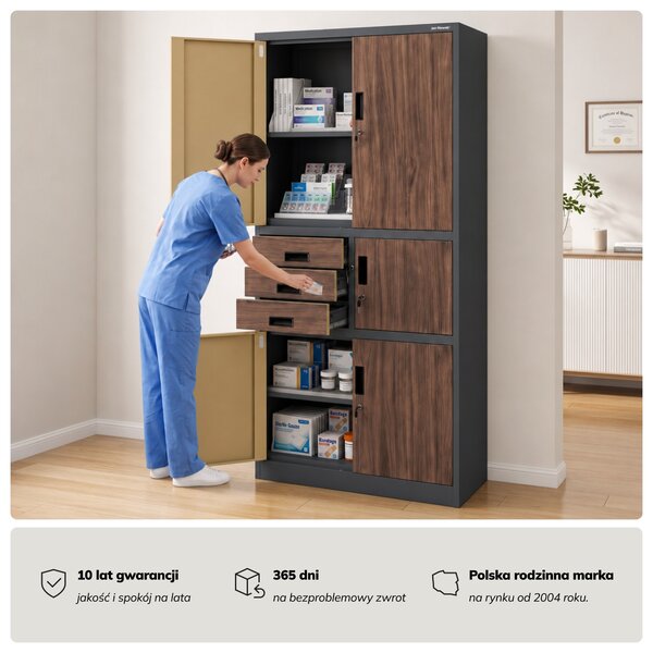 Biurowa szafa metalowa z sejfem antracytowa, orzech, 900x1850x400 mm: FILIP II Eco Design