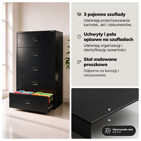 Szafa kartotekowa metalowa z 5 szufladami czarna, 900x1620x600 mm: SARA XL V5