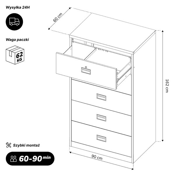 Szafa kartotekowa metalowa z 5 szufladami czarna, 900x1620x600 mm: SARA XL V5