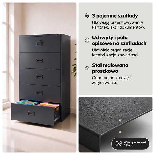 Szafa kartotekowa metalowa z 5 szufladami antracytowa, 900x1620x600 mm: SARA XL V5