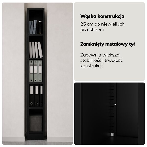 Regał metalowy wąski, archiwizacyjny na dokumenty czarny, 250x1850x400 mm: TIM