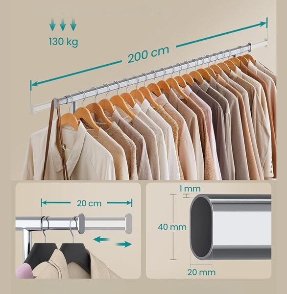 Wieszak na ubrania DOLLY na kółkach, max. 150 kg, 45x160-200x161,5cm, srebrny SongmicsHome