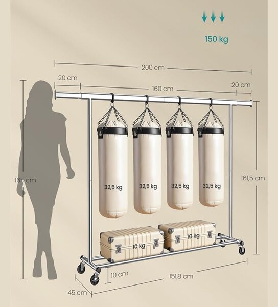 Wieszak na ubrania DOLLY na kółkach, max. 150 kg, 45x160-200x161,5cm, srebrny SongmicsHome
