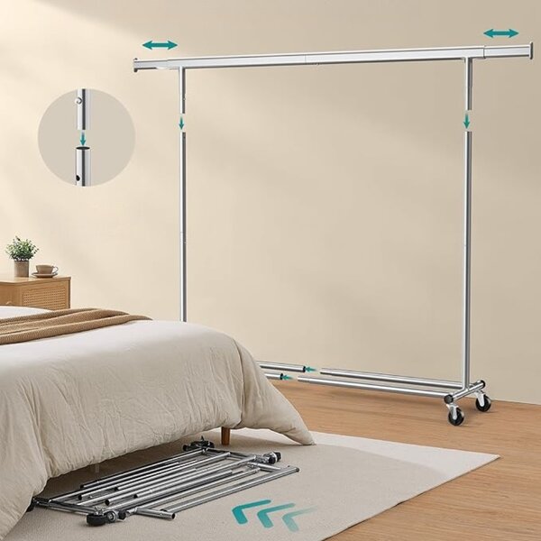 Wieszak na ubrania DOLLY na kółkach, max. 150 kg, 45x160-200x161,5cm, srebrny SongmicsHome