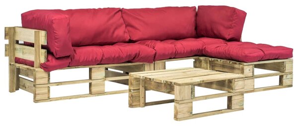 4-cz. zestaw ogrodowy, czerwone poduszki, palety z drewna