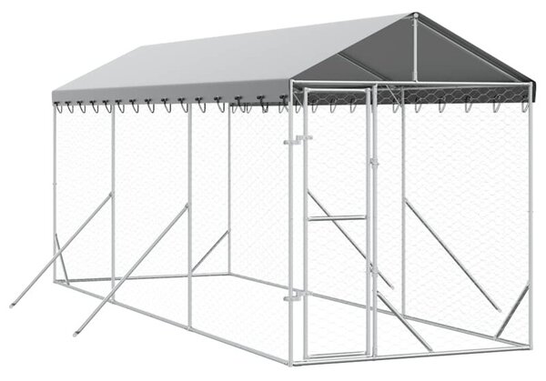 Kojec dla psa, z dachem, srebrny, 2x6x2,5 m, stal galwanizowana