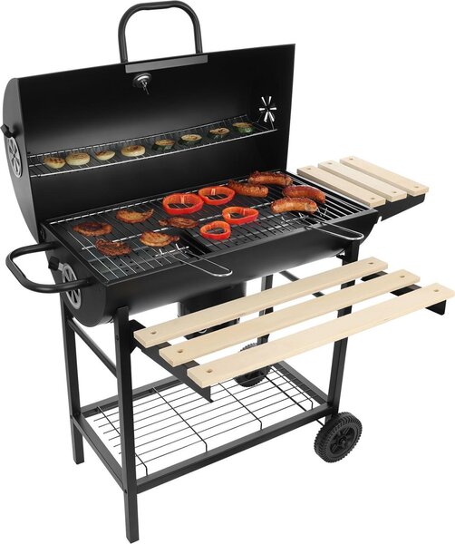 Duży zamykany grill węglowy ogrodowy na kółkach z półkami i paleniskiem