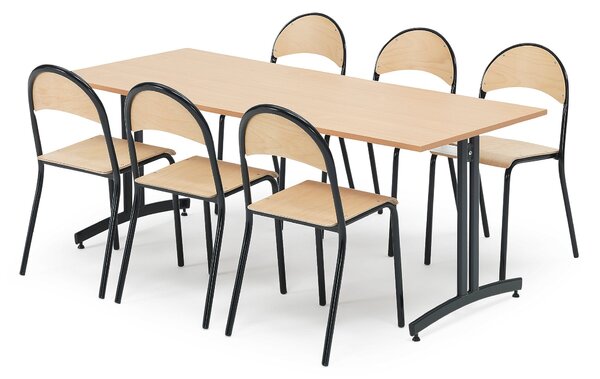 Zestaw do stołówki, stół 1800x800 mm + 6 krzeseł, buk/czarny