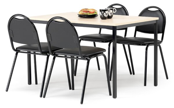 Zestaw mebli do stółówki, stół 1200x800 mm, brzoza + 4 krzesła, skai/czarny