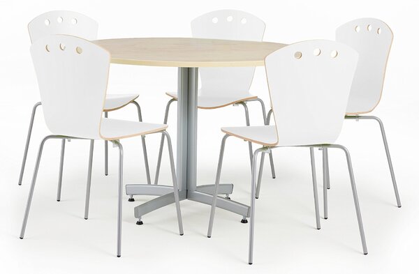 Zestaw mebli do stołówki, stół Ø1100 mm, brzoza + 5 krzeseł biały/szary