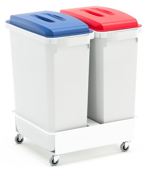 Zestaw pojemników na śmieci, 2x60 L + pokrywy (niebieski + czerwony) + wózek