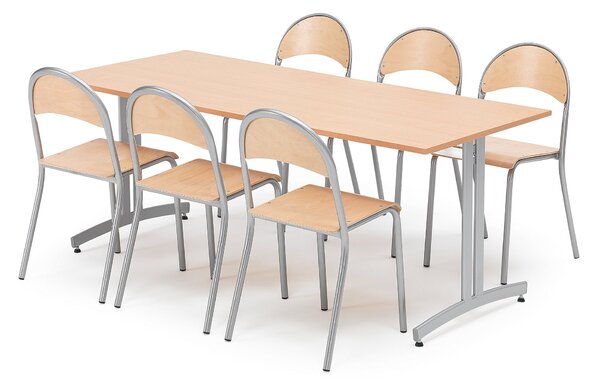 Zestaw do stołówki, stół 1800x800 mm + 6 krzeseł, buk/szary