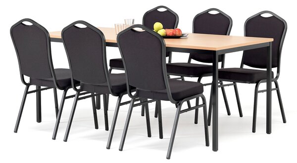 Zestaw do stołówki, stół 1800x800 mm, buk + 6 krzeseł czarna tkanina/czarny